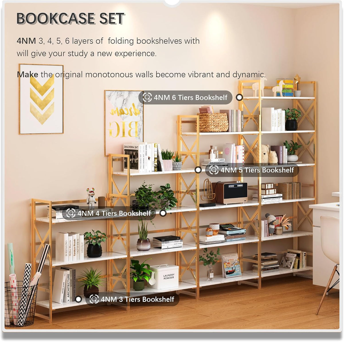4NM 5 Tiers No Assembly Book Shelves, 51.2" H Folding Bookshelf Bookcase Open Industrial Foldable Shelves for Bedroom, Living Room, Home Office - White Gold