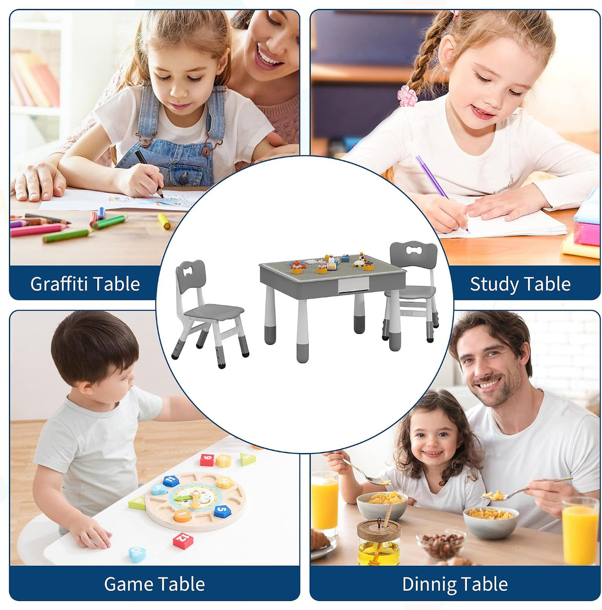 4-in-1 Kids Activity Table Set with 2 Adjustable Toddler Chairs, Double-Sided Reversible Building Block & Graffiti Drawing Tabletop, for Reading, Drawing, Dining & Block Play, Gift for Kids