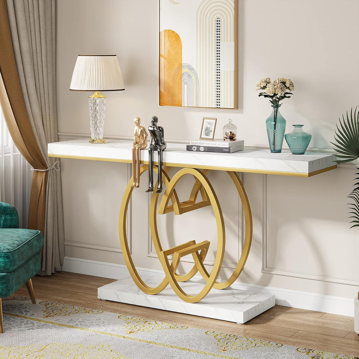 Tribesigns 55 Inch Console Table for Hallway, Faux Marble Gold Entryway Table with Geometric Metal Base, Modern Narrow Sofa Accent Table for Entrance, Living Room, Foyer (White & Gold)
