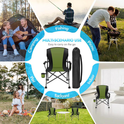 2 Pack Oversized Folding Camping Chair for Adults, Supports 450 LBS Camping Chairs, Heavy Duty Camping Chair with Side Pockets, Foldable Outdoor Chair for Camping, Beach, Fishing, Hiking, Green-Black