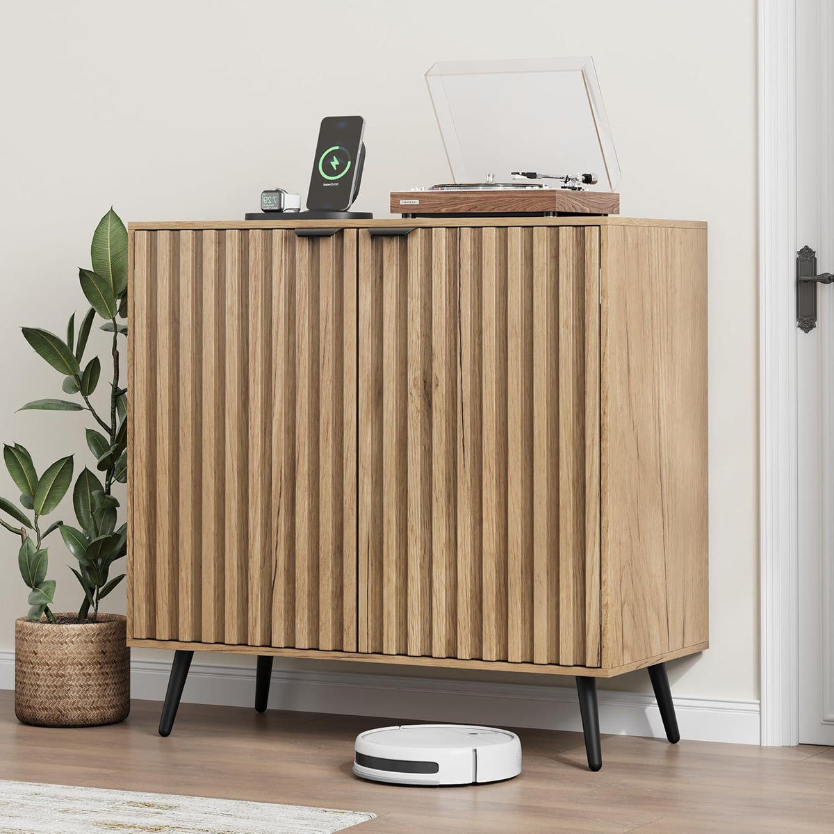 Smuxee Fluted Sideboard Cabinet, Freestanding Natural Buffet Cabinet with Adjustable Shelf, Wood Storage Cabinet for Living Room, Entryway, Hallway
