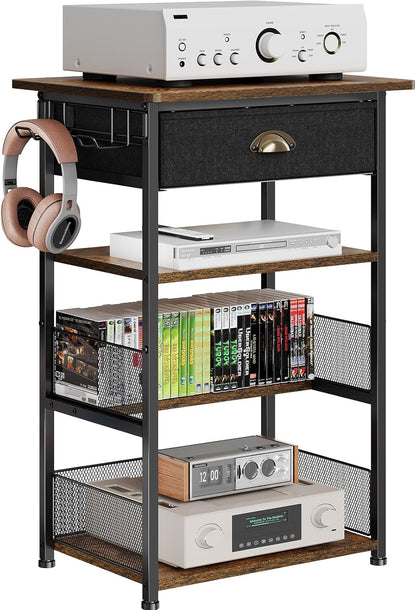 Hongtamoya 4-Tier AV Media Stand with Drawer, Gaming Console Shelf | Audio Rack Tower with 2 Hooks for PS5, Xbox, Switch, DVD Player, Record Player, Projector and TV Accessories Storage