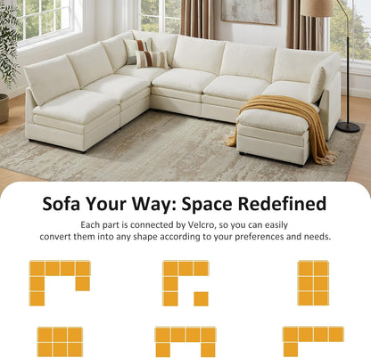 VANOMi U Shape Modular Sectional Sofa Couch for Living Room, Oversized Modern Sleeper Cloud Couch with Deep Seat Double-Layer Thick Cushion Ottoman, Convertible Upholstered Sofa Set, Ivory White