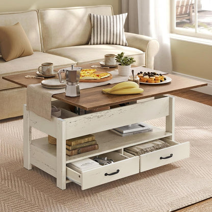 VASAGLE Coffee Table Lift Top, 3 in 1 Center Table with Storage, Gas Spring, 2 Drawers and 3 Hidden Compartments, Open Shelf, for Living Room, Home Office, Honey Brown and Rustic White ULCT254W01