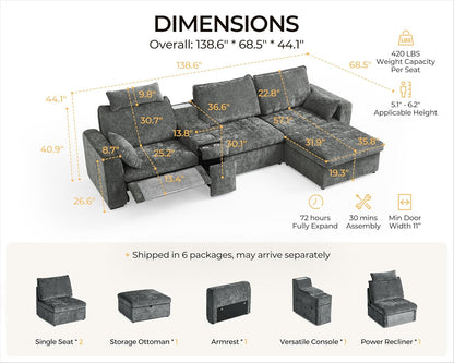 138.6'' Oversized Power Recliner Sofa with Headrest, Modular Cloud Sectional Couch with Convertible Table, Charging, Drawer, Cup Holder, 4-Seater with Storage Ottoman, Chenille, Grey