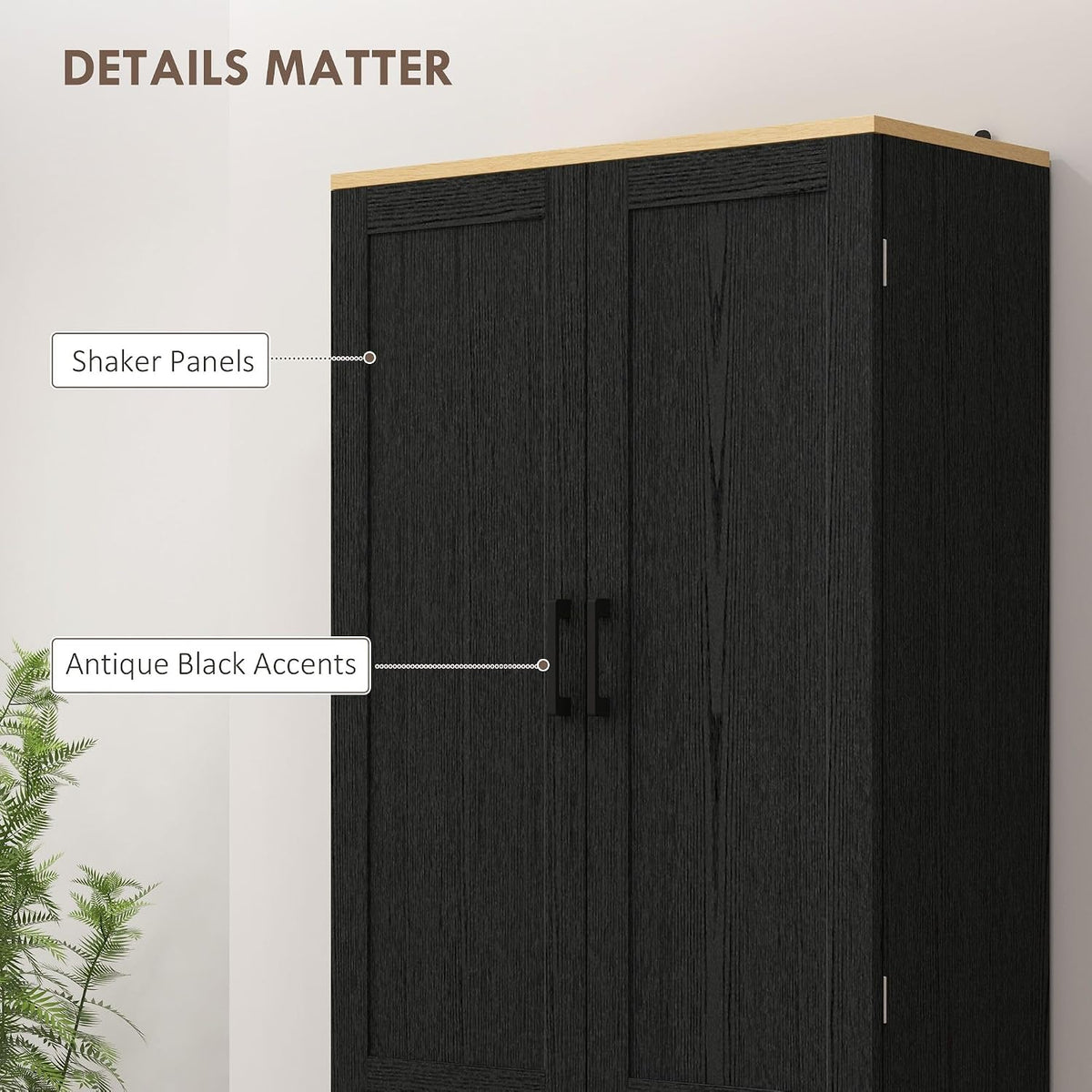 4-Door Industrial Freestanding Kitchen Pantry Cabinet with Multiple Adjustable Shelves, Distressed Black Finish and Sleek Design