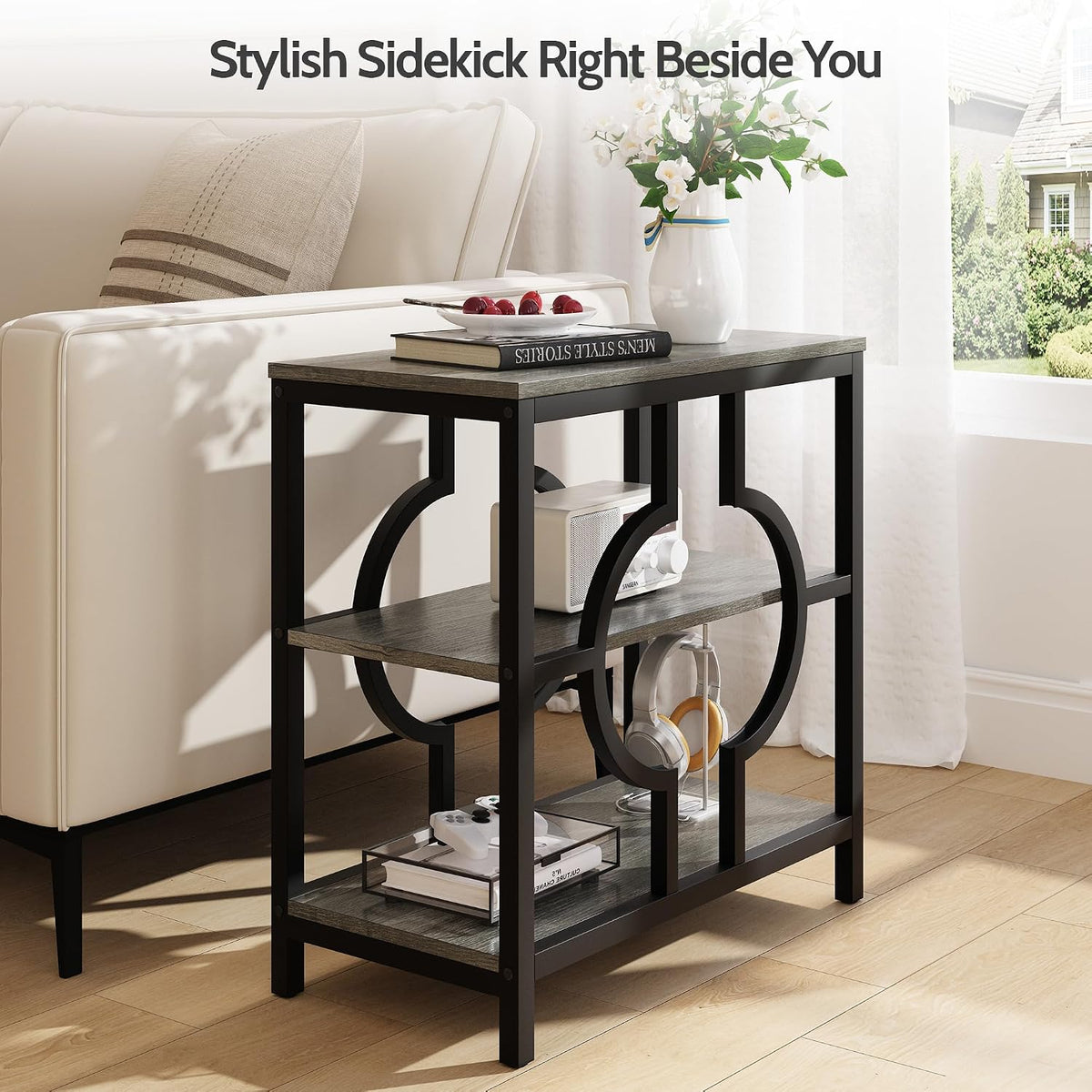 End Table Set of 2, Narrow Side Table with 3-Tier Storage Shelves, Wood Sofa Side Table with Geometric Metal Frame for Living Room, Industrial Bedside Nightstand for Bedroom (Gray)