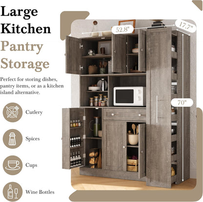 roomfitters Large Kitchen Pantry Cabinet with Pull-Out Side Storage and Hutch, Shaker Style Buffet, Brown