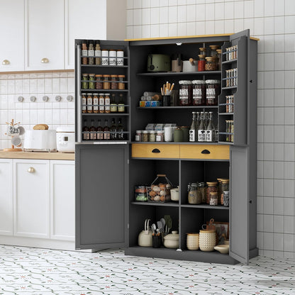 Freestanding Kitchen Pantry Cabinet with Adjustable Shelves and 2 Drawers Freestanding Cupboard with 8 Door Shelves Farmhouse Tall Kitchen Pantry, Grey