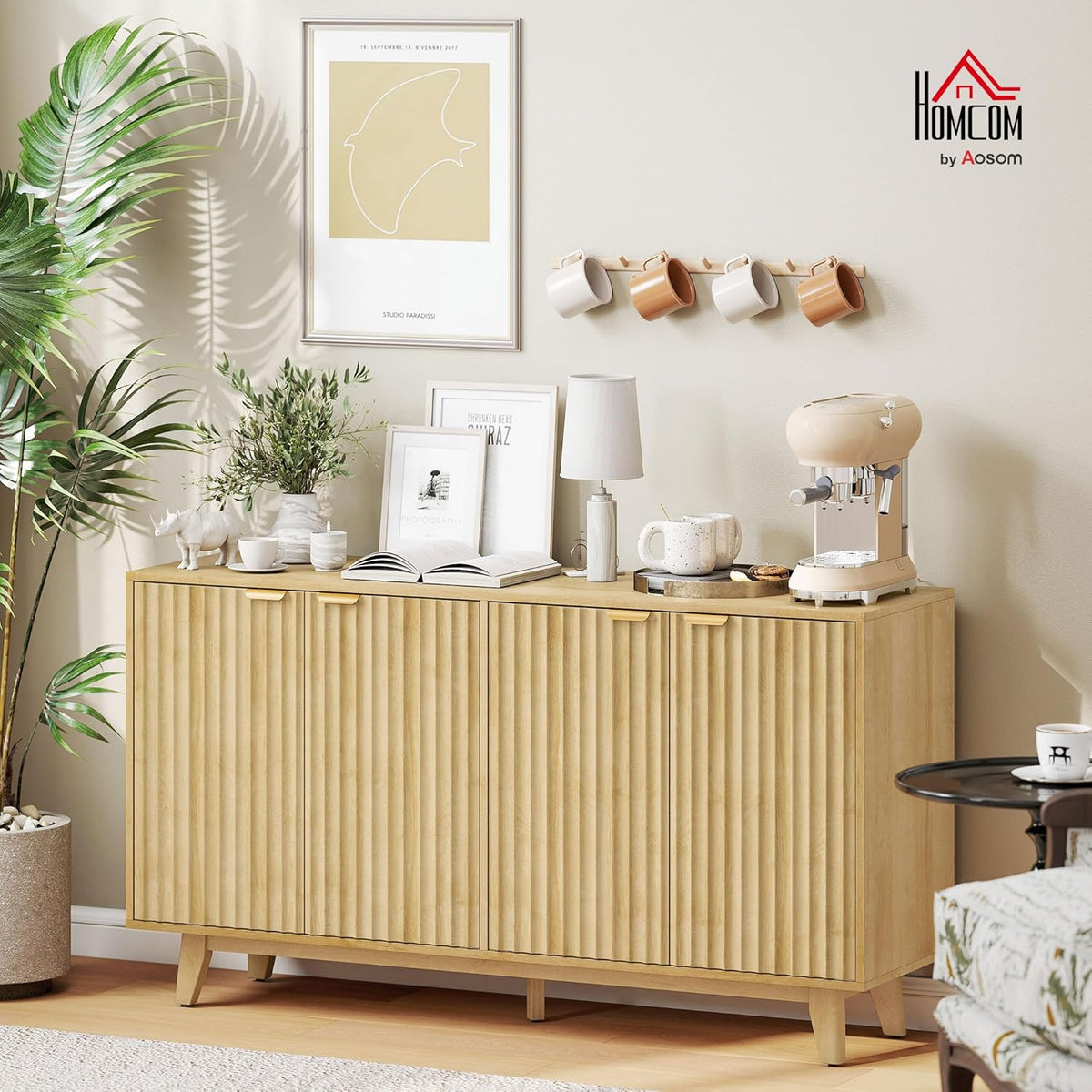HOMCOM Fluted Sideboard Buffet Cabinet, 55" Modern Accent Console Cabinet with 4 Doors, 2 Adjustable Shelves and 5 Wood Legs, Oak
