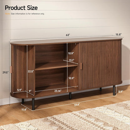 ONBRILL 63" Sideboard Buffet Cabinet, Sliding Door/Adjustable Shelf, Walnut