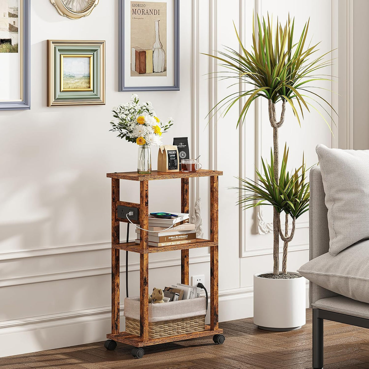 TUTOTAK Small Narrow Side Table with Charging Station, Skinny End Table for Small Spaces, Slim Nightstand with USB Ports and Outlet, Sofa Beside Table with Wheels, Rustic Brown TB01BB046C