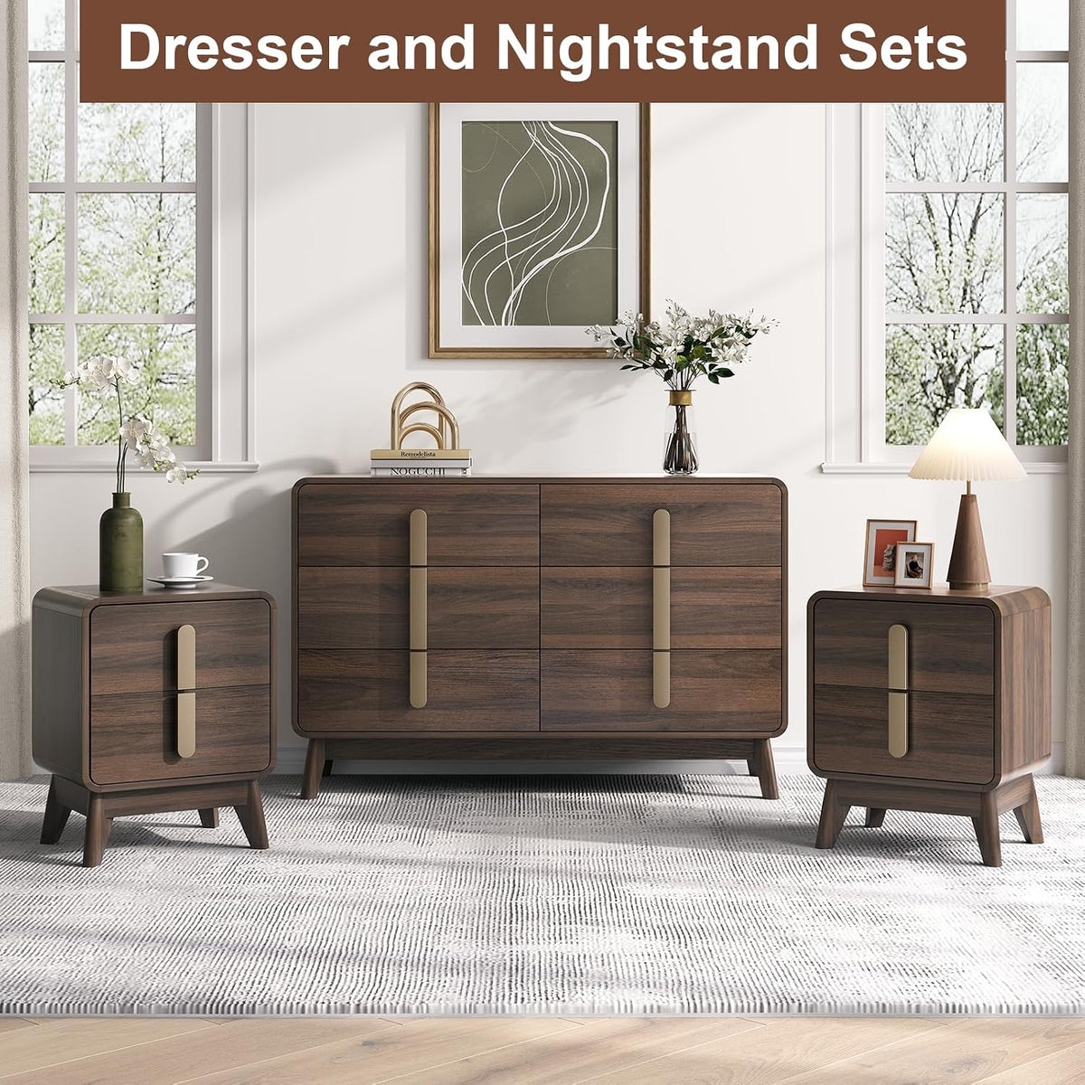JOINICE Mid Century Modern Night Stand Set of 2 for Bedroom, Walnut