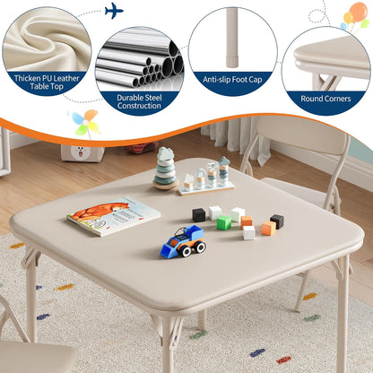 Kids Folding Table and Chairs Set – Upholstered PU Leather, Lightweight Metal Frame, Soft Cushions, Perfect for Dining, Crafts, Playroom – 3 Piece, Beige, 1 Table + 2 Chairs