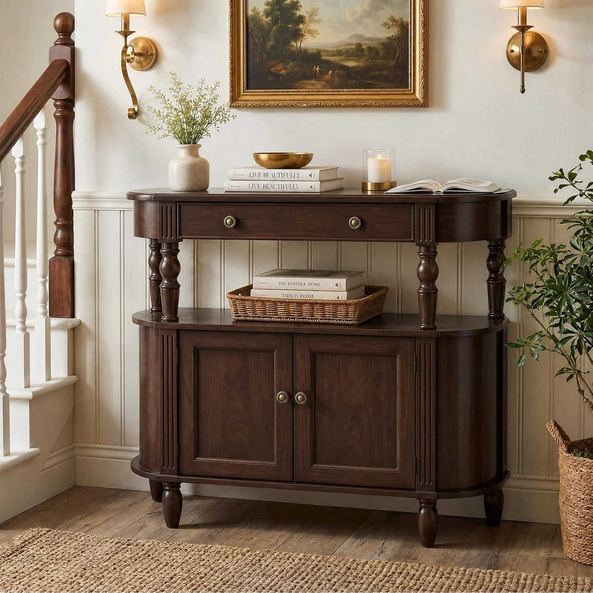 Curved Console Table with Solid Wood Legs, 47" Half Moon Sofa Table with Storage, Drawer & 2-Doors, Real Wood Veneer, Adjustable Shelf, Anti-Tip, Entryway Table for Living Room/Hallway,Walnut