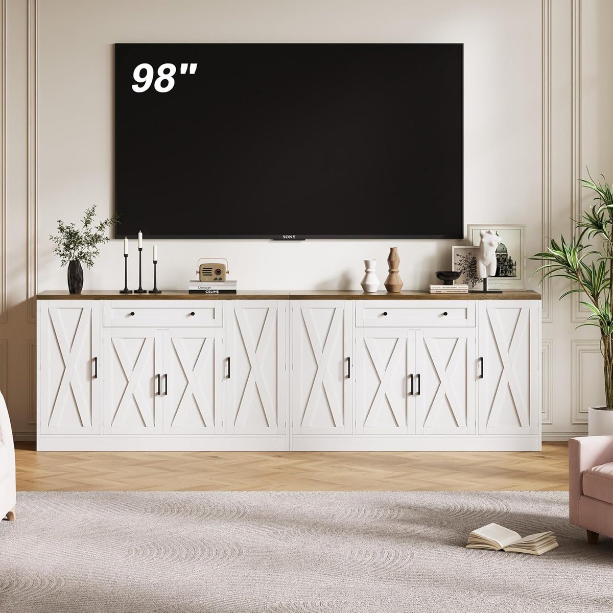 Buffet Cabinet with Storage, 55" Large Sideboard Storage Cabinet with Drawer, 4 Doors and Shelves, Modern Farmhouse Coffee Bar Table Kitchen Island Credenza for Kitchen, Entryway, Dining, Living Room
