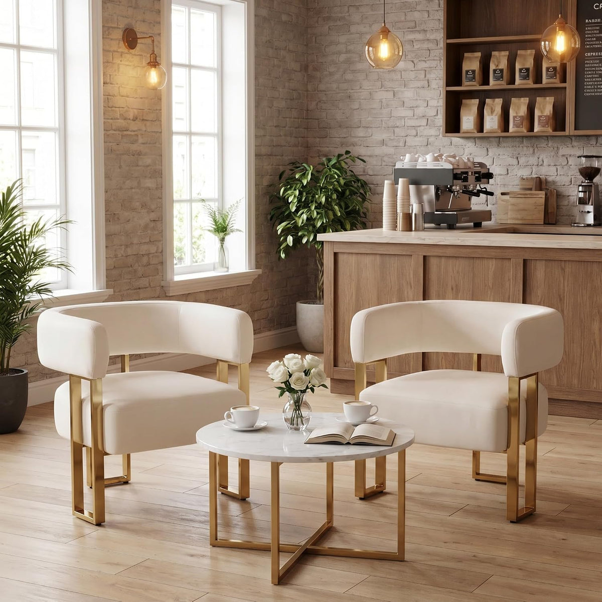 Modern Barrel Accent Chairs Set of 2, Living Room Side Chairs with Golden Metal Legs, Soft Velvet Reading Armchairs for Bedroom, Upholstered Club Chairs for Reception Room/Office, Ivory