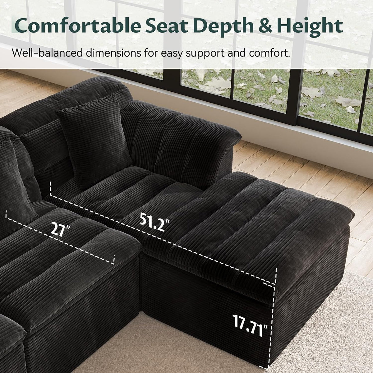 142" Modular Cloud Sectional Couch with Ottoman, Modern Upholstered Compressed Sofa with Deep Seat, Comfy U-Shape Corduroy Couches for Living Room, No Assembly Required, Black