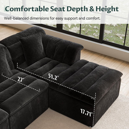 142" Modular Cloud Sectional Couch with Ottoman, Modern Upholstered Compressed Sofa with Deep Seat, Comfy U-Shape Corduroy Couches for Living Room, No Assembly Required, Black