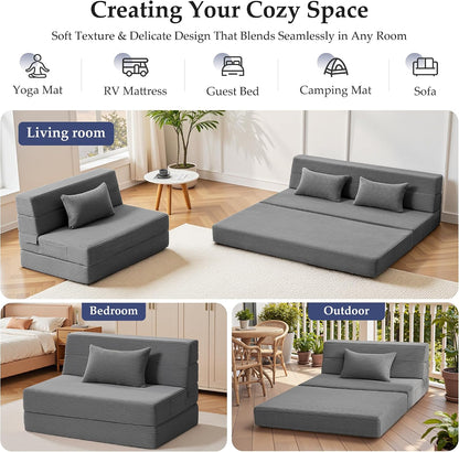 Youzi Folding Sofa Bed Convertible Sleeper Chair with Pillow, 4-in-1 Foldable Mattress Futon Couch Bed to Lounge Chair for Living Room, Bedroom, Dorm & Guest, Washable Cover, Dark Gray, Twin