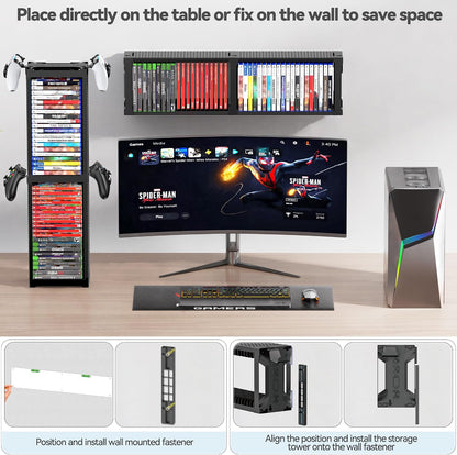 Video Game Disc Rack Tower Storage Holder Stand Universal for PS5/PS4/XBOX One/Series/NS Game, Game Organizer Shelf Display Stand for Wall Mount/Desk/Floor with Controller Holder Sega Genesis Consoles
