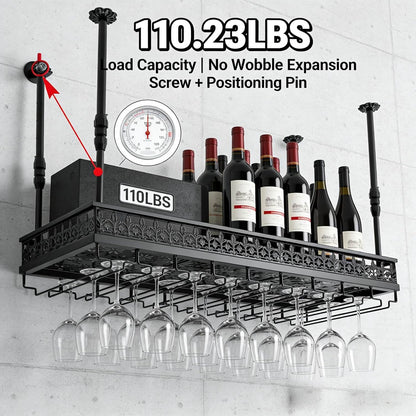 Hanging Wine Rack with Glass Holder and Shelf,Adjustable Metal Ceiling Mount Bar Wine Glass Rack,Industrial Wall Mounted for Bar Kitchen Cafe
