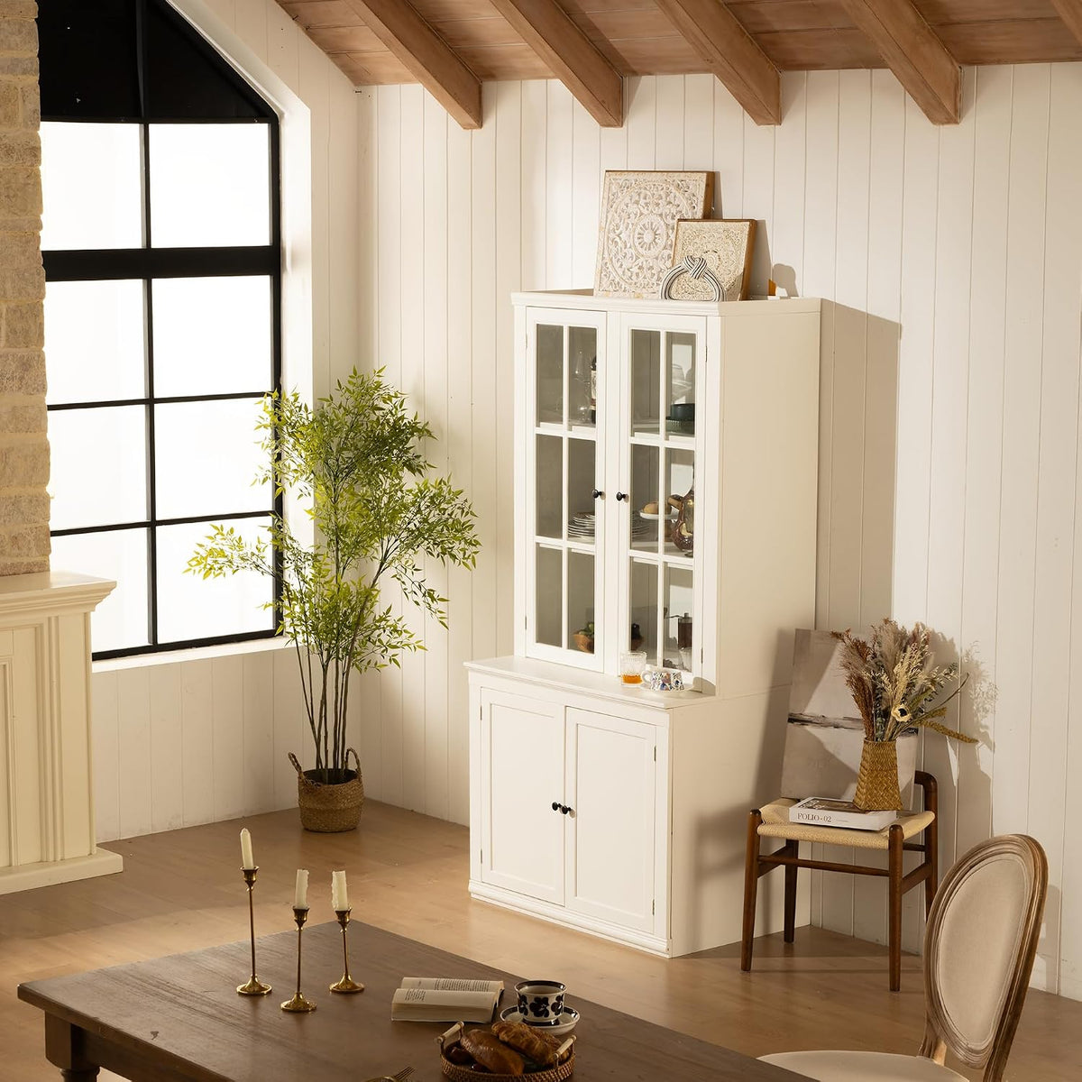 Havemies 36” Wide Freestanding Pantry with Glass Lattice Door, 75” Tall Farmhouse Kitchen Cabinet for Dishes, Linens & Storage, White Finish