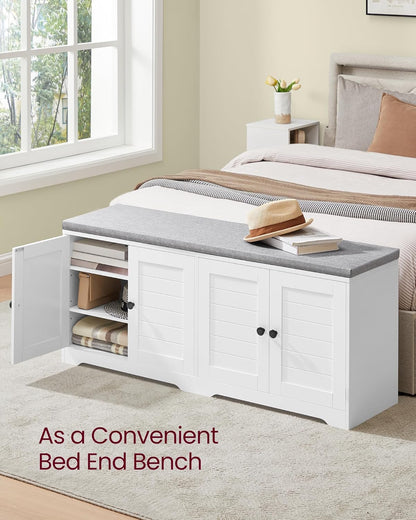 VASAGLE Shoe Storage Bench with Cushion, 3-Tier Entryway Bench with Padded Seat, Doors, Adjustable Shelves, 14 x 47.6 x 20.7 Inches, for Hallway, Bedroom, Cloud White and Dove Gray ULSB048WB01