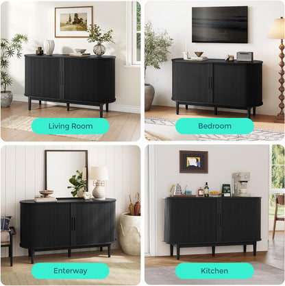 LINSY HOME 55" Sideboard Buffet Cabinet,Tambour Sliding Doors & Drawer | Black Fluted Coffee Bar Cabinet with Large Storage, Mid Century Modern Wood Storage Buffet Table for Kitchen, Living Room