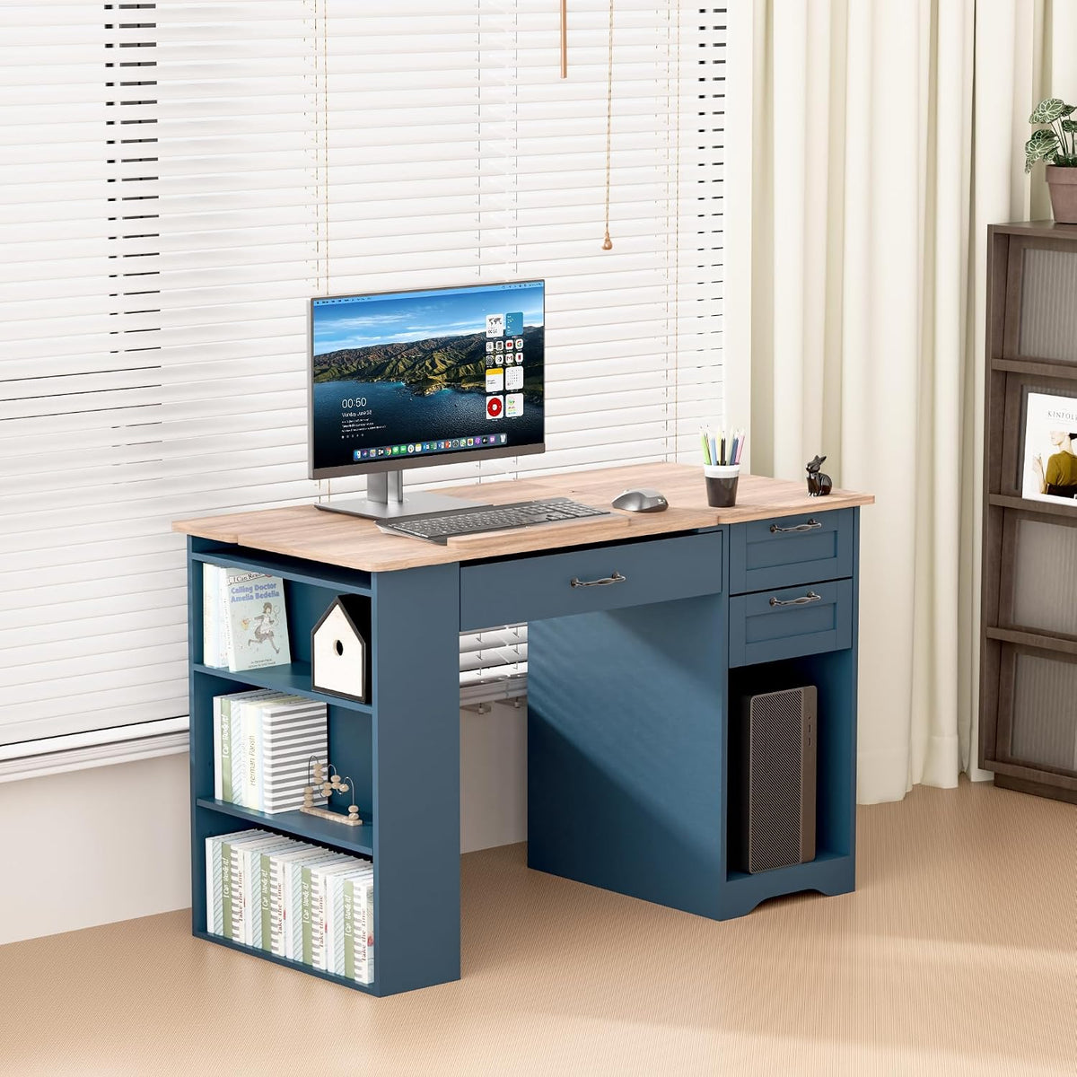 Drafting Table with Storage Cabinet & Drawers, Adjustable Drawing Table with Open Shelves, Craft Art Desk for Artists, Painters, Drawing, Crafting, Reading, Writing, Working (Blue)