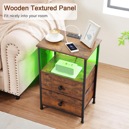 LOAKEKEL Nightstands Set of 2, LED Night Stand with Charging Station | Bedside Table with Type-C Outlets & 2 Fabric Drawers, End Tables with Storage Shelf for Bedroom, Small Spaces, Brown
