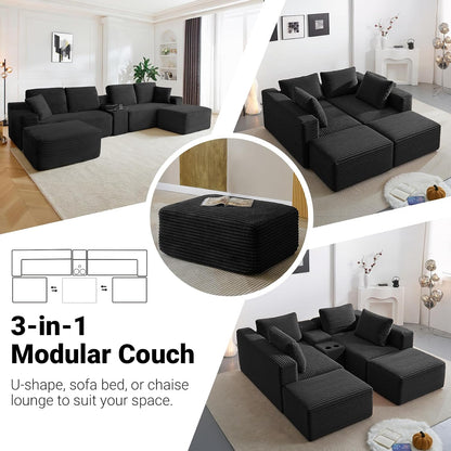 ivoros 150 Inch Modular Sectional Sofa Couch, Oversized Modern Cloud Couch for Living Room, U Shape Couches with 2 Ottomans, USB Ports and Cup Holders, Black Corduroy Sofas, Sofa in a Box