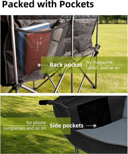 Abahub 2-Person Folding Camping Chair Loveseat Couch Chairs, 650 LBS Portable Quad Fold for Outdoor Camping, Lawn, Backyard, Patio, Tailgating, Sports, Soccer Games & Beach Days Black Grey
