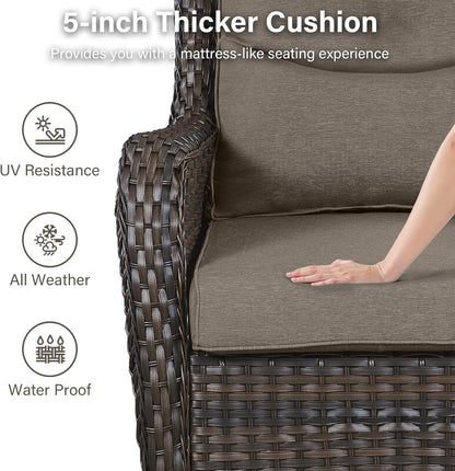 Outdoor Swivel Rocker Patio Chairs with 2 Ottomans - 5" Thick Cushion 4 Piece Furniture Set All Weather Comfortable Wicker Conversation Set for Porch Poolside and Deck - Brown/Gray