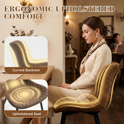Modern Dining Chairs Set of 2, Upholstered Suede Dining Chairs with Curved Back & Thick Cushion Seat, Mid Century Armless Kitchen & Dining Room Chairs with Black Metal Legs, Brown