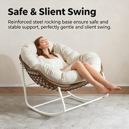YDcosyfy Oversized Outdoor Papasan Rocking Chair with Soft Cushion, Comfy Patio Egg Chair, Wicker Lounge Rocker for Balcony/Porch/Garden, Reinforced All Weather Rattan Frame, 330 lbs Support, Cream