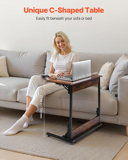 VEVOR C Table, Folding C Shaped End Table with Metal Frame & Adjustable Feet, Foldable C Shaped Side Table for Living Room Bedroom Office, 23.62 x 14.57 x 27.56 inch TV Tray, Brown and Black