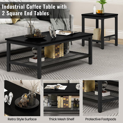 AWQM Coffee Table Set of 3, Industrial Coffee Table with 2 Square End Side Tables, Modern Living Room Table Set with Metal Frame for Apartment Home Office, Black