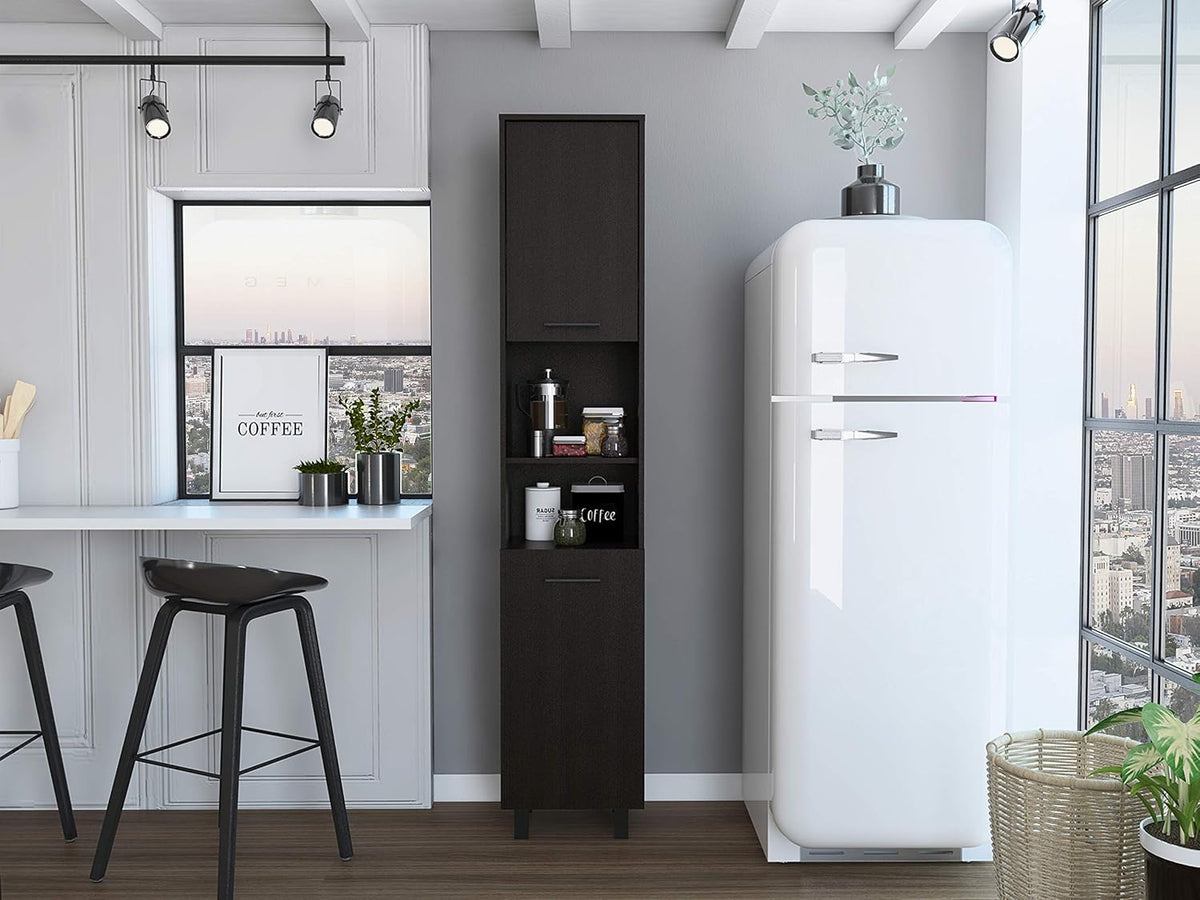 Pantry, Four Legs, Three Interior Shelves, Two Shelves, Two Cabinets -Black