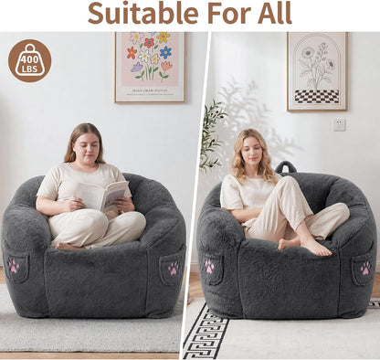 Vipbear Cat Paw Bean Bag Chair, Oversized Air-Cushion Sofa Chair Dark Gray | 39", air-cushion filling, cat paw Pocket, carry handle, oversized firm support, ergonomic, plush faux fur, gaming, reading