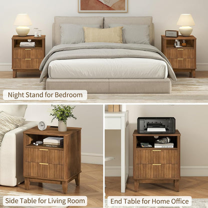 Night Stand Set of 2 with Charger Station, Fluted Nightstand with Drawers and Storage Shelf, Mid Century Modern Bedside Table Nightstands, Large Bed Side Table Wood Night Stands for Bedroom