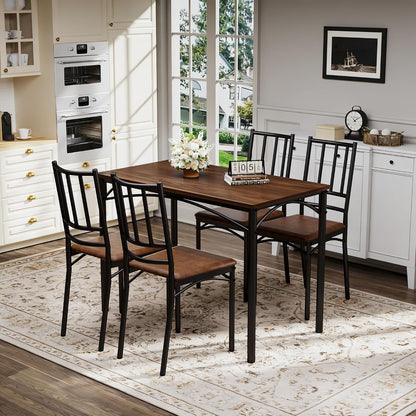 Dining Table Set for 4, Industrial Kitchen Table Set with 4 Upholstered Chairs, Metal Table and Chairs Set for Kitchen, Dining Room, Living Room, Walnut