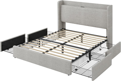 SHA CERLIN Queen Size Storage Bed Frame with 4 Oversized Drawers, Modern Wingback Headboard with Storage Shelf & Charging Station, No Box Spring Needed, Easy Assembly, Light Beige