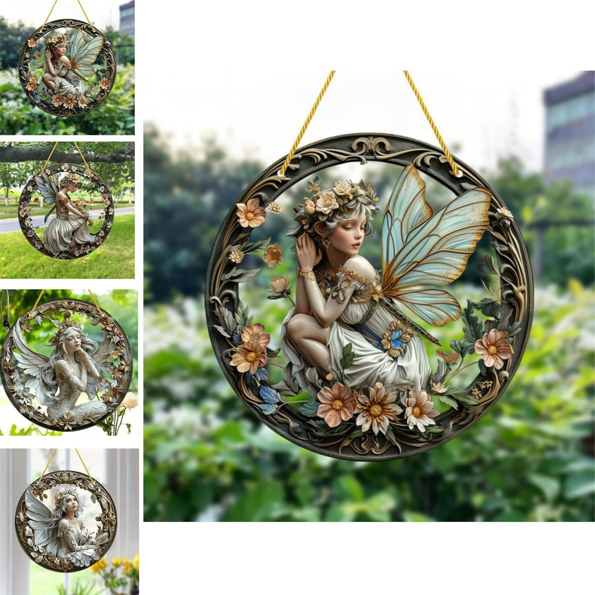 Flower Fairy Garden Decorations Angel Wing Christmas Halloween Deco Statue Art Elf Sculpture Hanging Craft for Outdoor Yard Courtyard Lawn Patio Window Acrylic Ornament Home Gift (A,S: 6*6 IN)
