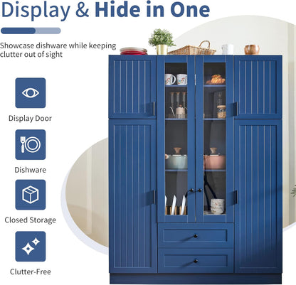 JIVOIT 71''H Large Kitchen Pantry with 6 Doors, Drawers, Adjustable Shelves, Door Shelves, Pull-Out Trays and Wine Rack, Modern Wood Storage Cabinet Cupboard for Dining Room (Blue/170)