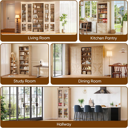 70.8" Tall Farmhouse Modular Kitchen Pantry Cabinet with Glass Doors, Wooden Storage Hutch with 6-Tier Adjustable Shelves, Set of 3, Brown
