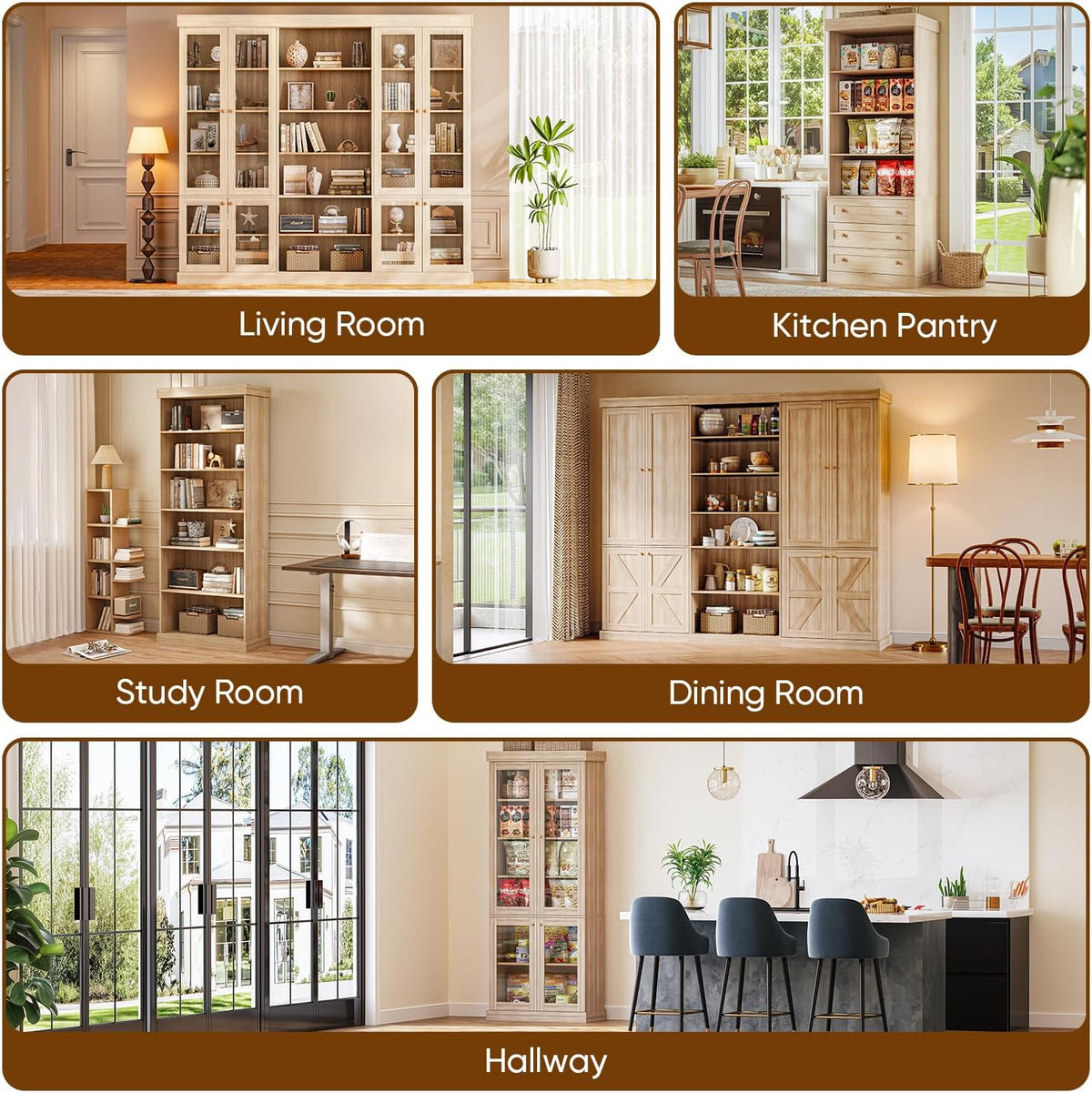ivaniti 70.8" Tall Kitchen Pantry Cabinet with Doors, Farmhouse Modular Storage Cabinet with 4-Tier Adjustable Shelves, Large Storage Cabinet for Kitchen or Living Room, Set of 2, Brown