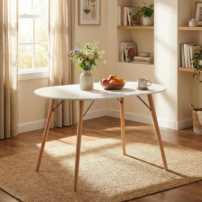 FurnitureR Dining Table Oval 47.2 Inch for 4-6 Person, Stylish Leisure Table Functional Table with Wooden Legs for Home Kitchen, Cafés, Small Places, White