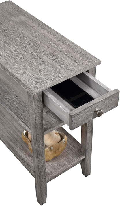 Pemberly Row Three Tier End Table with Drawer, Gray Wood Finish, 23.5 x 11.25 x 24 in, Hidden Storage, Middle and Bottom Shelf, Durable Accent Table for Living Room or Bedroom Decor