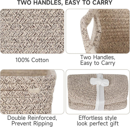 3 Pack Small Storage Baskets for Organizing, 11.8×7.8×5.1", Mixed Brown | Woven Baskets for shelves, Cotton Rope Basket for Gifts Empty, Closet Organizer Bins with Handles, Cube Decorative Box